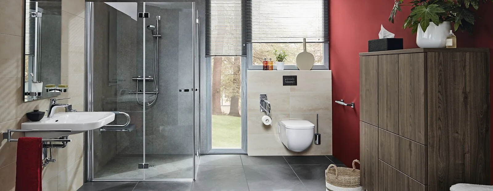 double sink, and sleek cabinets. Bright and serene.
