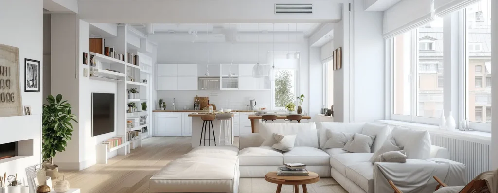 Ein helles, modernes Wohnzimmer mit einem weißen Sofa, einem Esstisch aus Holz und einer Küche mit minimalistischen weißen Schränken und offenen Regalen.