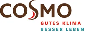 Logo für „COSMO“ in brauner Schrift mit einem stilisierten roten Wirbel im „S“. Darunter „GUTES KLIMA“ in Rot und „BESSER LEBEN“ in Blaugrün, was einen modernen, klaren Ton vermittelt.