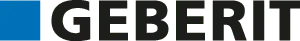 Blaues Quadrat neben dem fettgedruckten schwarzen Text „GEBERIT“ auf weißem Hintergrund, der Modernität und Professionalität im Design vermittelt.