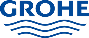 Logo von Grohe in blauer Schrift auf schwarzem Hintergrund, mit stilisierten blauen Wellen unter dem Markennamen, die den Fokus auf Wasserprodukte vermitteln.