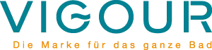 Logo mit dem Wort „VIGOUR“ in fetten, blaugrünen Buchstaben auf schwarzem Hintergrund. Darunter steht ein Slogan mit der Aufschrift „Die Marke für das ganze Bad“ in kleiner, orangefarbener Schrift.
